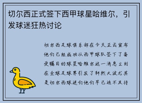切尔西正式签下西甲球星哈维尔，引发球迷狂热讨论