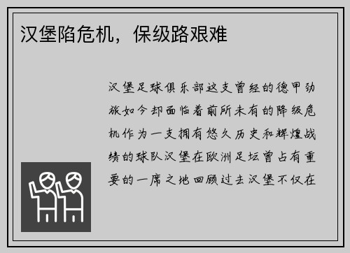 汉堡陷危机，保级路艰难